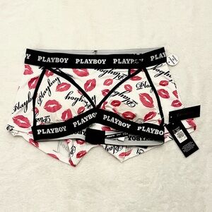 Playboy Bralette & Boyshort Set | Kiss Print | Logo Elastic | Size L - NWT
